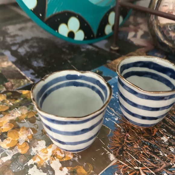 Vintage Japanese Yunomi Tea Cups Pair Stoneware Striped 3" Handmade Pottery - Picture 13 of 16